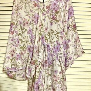 Anthropologie duster, white with lavender flowers. Like new. Size L